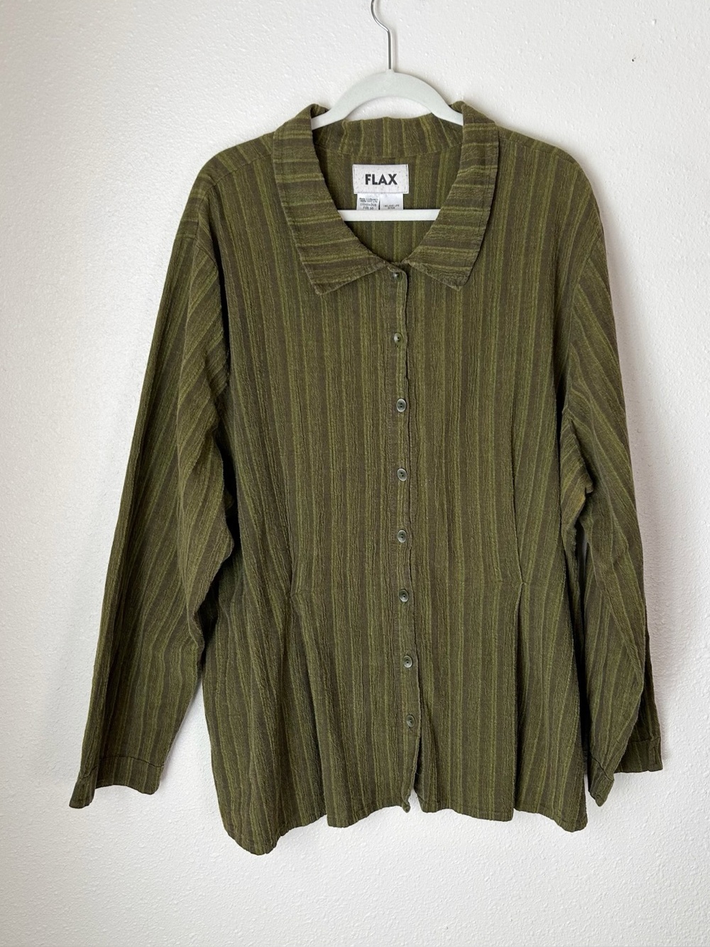 Flax Green Striped Cotton Top Shirt Sustainable Lagenlook Fall Cabin Hiking 3G